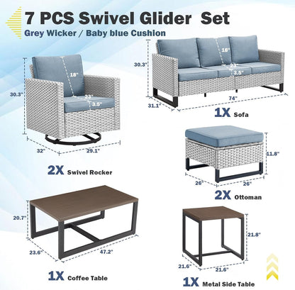 7 Piece Outdoor Furniture Patio Wicker Sofa Set, Oversize Outdoor Swivel Rocker Chairs with Rattan Ottomans, Conversation Sets Patio Furniture Come with Removable Cushion Baby Blue, Light Grey2