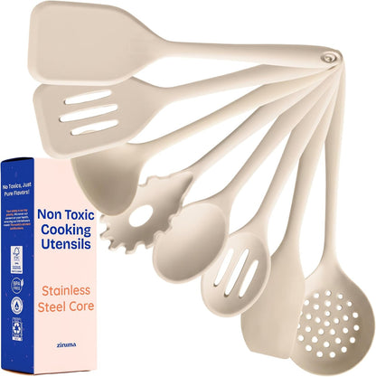 Nontoxic Platinum Silicone Utensils, 100% Plastic-Free, 8-Pcs, Beige | Lfgb-Certified Platinum Silicone. Solid Steel Core, No Hidden Plastics. 500°F Heat Resistant. Non-Scratch. Dishwasher Safe1