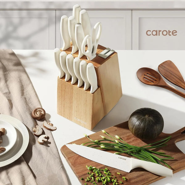 15-Piece Knife Set, Wood Block with Built-In Sharpener, Cream | Stainless Steel Knives, Ceramic Nonstick Coating, Long-Lasting Sharpness, Rust-Resistant, Non-Slip Handles, Dishwasher Safe8