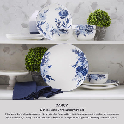 Darcy Bone China Lightweight Chip Resistant 12 Piece Dinnerware Set, Service for 4,Blue and White6