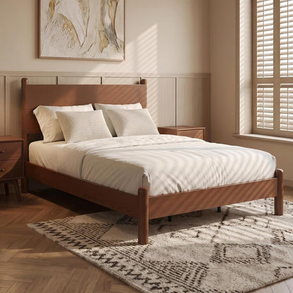 Solid Wood Queen Size Bed Frame with Tall Headboard, Brown5