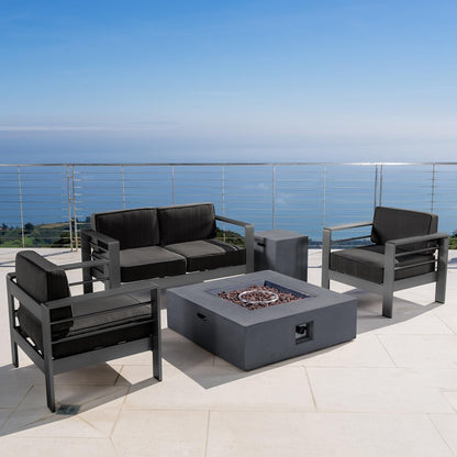 Cape Coral Outdoor Aluminum 5 Piece Loveseat Chat Set Water Resistant Cushions Grey Square Fire Table, 32.00 "W X 27.5 "D X 24.6 "H, Dark Gray + Gray3