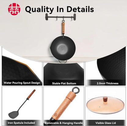 Carbon Steel Wok with Lid, 12.6" Hammered Stir Fry Pan with Helper Handle & Iron Spatula, Thickened Heavy Duty Flat Bottom Wok for Induction, Electric & Gas Stoves, Metal Utensil Safe5