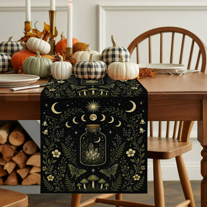 Mystic Black Table Runners 72 Inches Long, Cotton Linen Fabric Table Runner Dresser Scarf, Butterfly Golden Sun Moon Stars Flowers Leaves Tablerunner for Party/Kitchen/Dinner/Wedding Decor 13"X72"9
