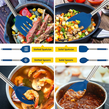 4 Pack Silicone Utensils Set，Non Stick Solid Spatulas, Slotted Spoons with Stainless Steel Handle，Spatulas for Cooking，Frying, Mixing, Serving -Blue2