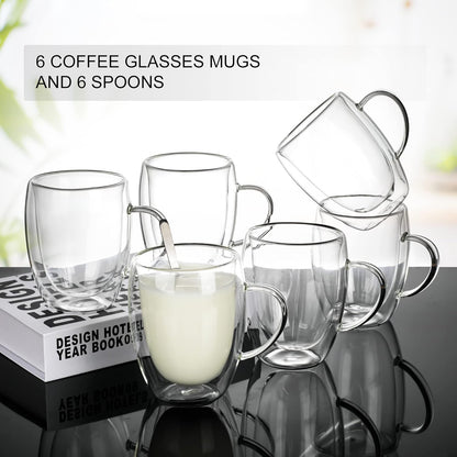6 Pack Double Walled Coffee Cups Glasses Mug 12Oz Borosilicate Glass | Espresso Cappuccino Latte Tea Cups with Handle, Insulated Heat Resistant Clear Drinking Cups, Hot and Cold Beverages, 350Ml4