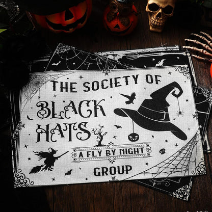 6 Pcs Halloween Placemats 12"X18" Gothic Bat Placemats Kitchen Decoration Washable Witch Place Mats Rectangle Skull Table Mats for Halloween Dining Table Accessories(Black White Character Style)7