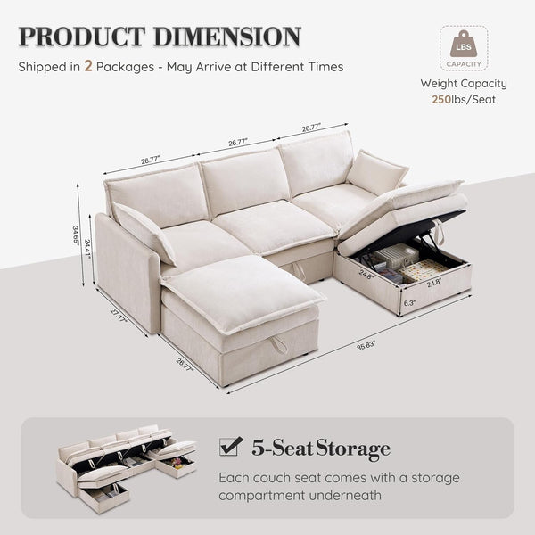 85.83" Modular Sectional Cloud Couches for Living Room, Modern Sectional Sofa with Storage Ottoman, U-Shape 5 Seat Chenille Cloud Sofa with Pillows for Bedroom and Apartment, Beige2