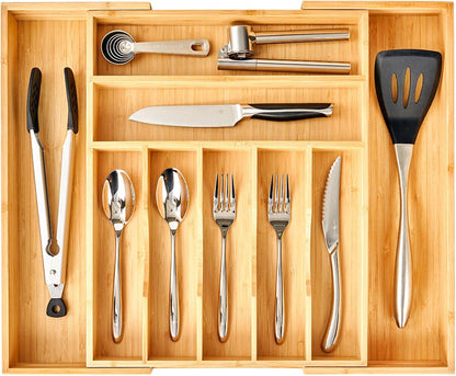 Large Expandable Kitchen Silverware Utensils Drawer Organizer, 2.5" Extra High Adjustable Drawer Divider with Curved Grooves, Bamboo Wood Cutlery Tray Flatware Holder1