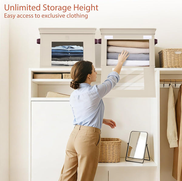 Front Opening Storage Bins with Lids for Closet, Beige, 4 Pack2