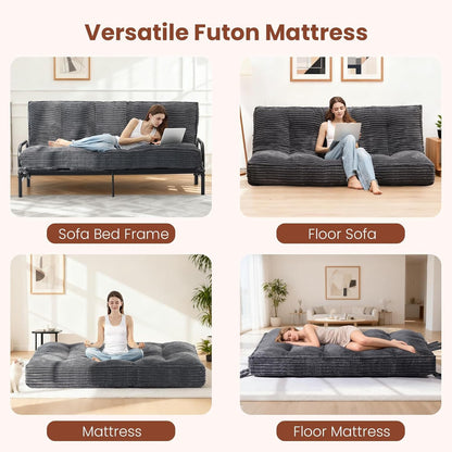 10" Futon Mattress Queen Size,Futons Sofa Couch Bed with Straps, Thick Corduroy Floor Mattress for Adults, Roll up Folding Mattress Shredded Foam Filling, Medium Firm (Gray, Full)5