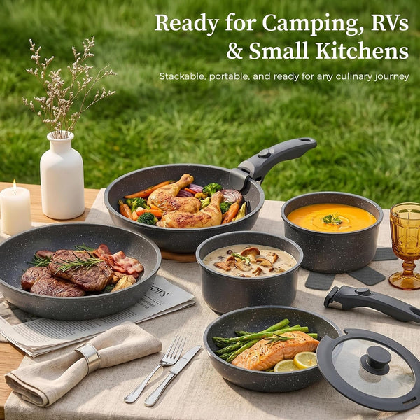15Pcs Nonstick Pots and Pans Set with Removable Handle, Oven Safe | Non-Toxic Stackable Cookware Set for Rvs, Camping, Pfos/Pfoa-Free Induction Compatible9