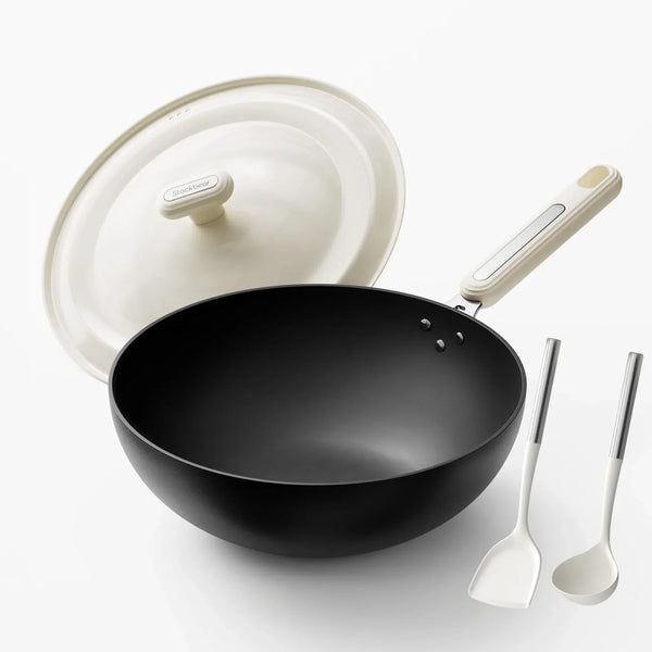Carbon Steel Wok Pan - 11.8 Inch Pre-Seasoned Flat Bottom Chinese Woks & Stir Fry Pans with Lid, Lightweight Kitchen Cookware for All Stovetops, Gas, Electric, Gift for Women/Mom with Spatula Spoon1