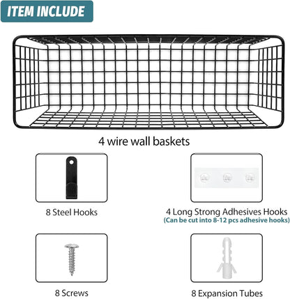 4 Set [EXTRA LARGE] Hanging Wall Mount Storage Baskets with Adhesive Hooks & Steel Hooks, Multiuse Sturdy Wire Metal Organizing Baskets for Home Kitchen Bathroom Pantry Utility Organizer, Black3