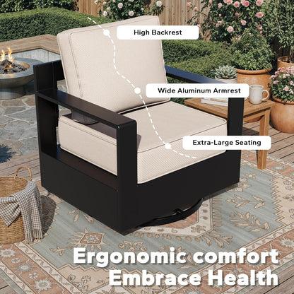 Outdoor Aluminum Furniture Set, 5-Piece Patio Conversation Set, 4 Swivel Chairs and 1 Sofa, All-Weather Metal Frame, 6" Thick Removable Cushions, Deep Setting for Garden, Poolside and Porch4