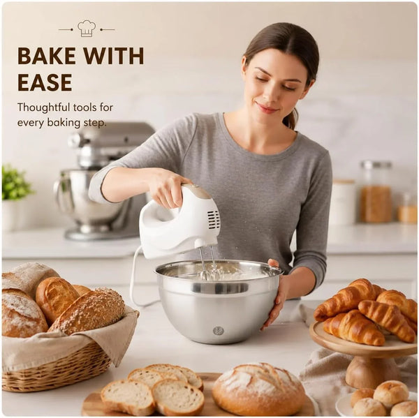 Electric Hand Mixer with 5 Stainless Steel Whisks,5 Speed,White | Portable Kitchen Mixer Electric Whisk with 4 Stainless Steel Mixing Bowls, Measuring Cups, Spoons & Silicone Spatula2