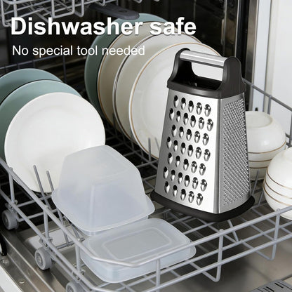 Cheese Grater, Handheld Box Grater with Container & Lid, 4-Sided Stainless Steel for Kitchen, Wavy Julienne, Slicer, Coarse Shred & Fine Zester, Non-Slip Base, Dishwasher Safe, 8 Inch4