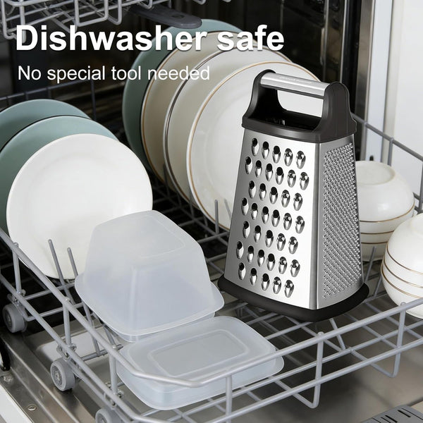 Cheese Grater, Handheld Box Grater with Container & Lid, 4-Sided Stainless Steel for Kitchen, Wavy Julienne, Slicer, Coarse Shred & Fine Zester, Non-Slip Base, Dishwasher Safe, 8 Inch4