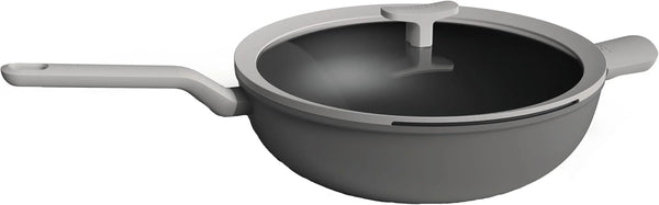 LEO Cast Aluminum Wok, 12.5 Inch 6.2 Qt Nonstick Stir Fry Pan | Induction Grey Wok with Silicone Rim Glass Lid, Stay Cool Handle, Easy Straining Drain Hole & Non Toxic Ferno Green Coating1