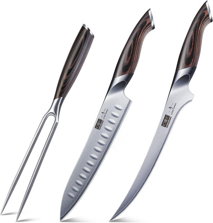 Fillet Knife 9 Inch & 8 Inch Carving Knife & 7 Inch Fork Set, Professional Japanese High Carbon Steel Razor Sharp Butcher Brisket Slicing Knife Set for Meat Cutting, BBQ1