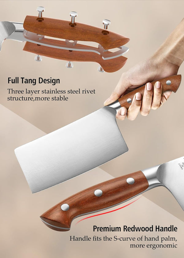 Cleaver Knife 7.1 Inch, German 1.4116 Steel & Ergonomic Red Wood Handle, Sharp Meat Cleaver for Meat Cutting Vegetable Slicing4