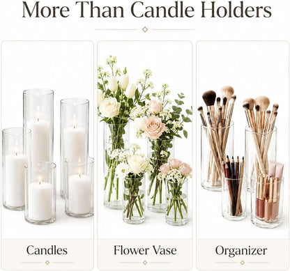 Set of 6 White Pillar Candles with Clear Glass Hurricane Holders- Elegant Cylinder Candle Vases for Weddings, Parties, Centerpieces, Home & Office Decor (White, 6 Set)8