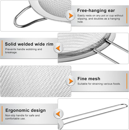 4PCS Fine Mesh Strainer Set, Premium Stainless Steel Fine Mesh Strainers, Food Fine Sieve with Non-Slip Handle, Perfect for Juice, Baking Flour, Drinks, Cocktails, Rice, Jam, Tea(2.8"/3.2"/3.9"/4.7")3