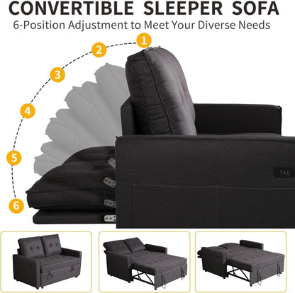 3 in 1 Convertible Sofa Bed, 53" Modern Loveseat Sleeper Sofa with USB Port & Storage Pockets, Pull Out Couch with Reclining Backrest, Futon Bed for Small Spaces, Living Room (Gray)3