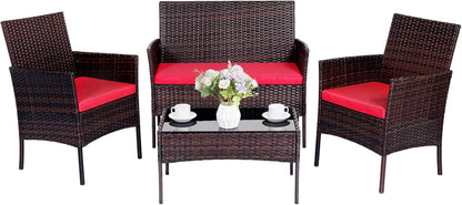 Patio Furniture Set 4 Pieces, Outdoor Rattan Furniture with Tempered Glass Coffee Table, Modern Rattan Patio Chairs Conversation Sets with Sofa for Garden, Terrace, Porch, Lawns Brown/Red1