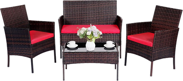 Patio Furniture Set 4 Pieces, Outdoor Rattan Furniture with Tempered Glass Coffee Table, Modern Rattan Patio Chairs Conversation Sets with Sofa for Garden, Terrace, Porch, Lawns Brown/Red1