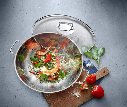 Macao Induction Wok Set, 2 Pieces, Wok Pan 36 Cm with Glass Lid, Polished Cromargan Stainless Steel, Uncoated2
