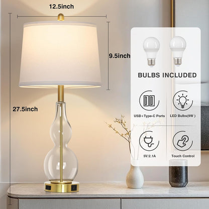 27.5" Clear Glass Table Lamp Set of 2,3-Way Dimmable Touch Control Bedside Lamps with USB Ports and AC Outlet, Modern Nightstand Lamps Gold Lamp for Bedroom Living Room2