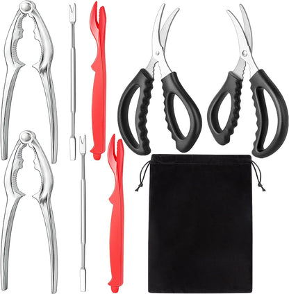 Seafood Cracker Tool Set with Lobster Sheller Stainless Steel Crab Crackers Crab Leg Fork Seafood Scissors and Storage Bag, Crab Leg Pick Utensils Set Crab Eating Tools (9Pcs)1