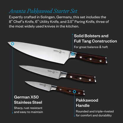 Avanta Forged 3-Piece Pakkawood Starter Set - German X50 Stainless Steel - Includes 8” Chef’S Knife, 6” Utility Knife & 3” Paring Knife2