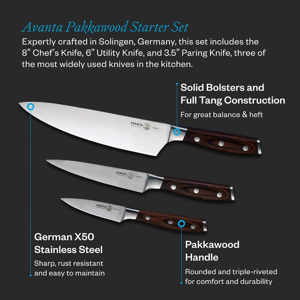 Avanta Forged 3-Piece Pakkawood Starter Set - German X50 Stainless Steel - Includes 8” Chef’S Knife, 6” Utility Knife & 3” Paring Knife2
