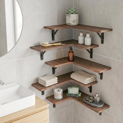 Conner Floating Shelves for Wall Decor, Dark Carbonized Black 5Pcs | Solid Wood Shelf with Metal Brackets, Holds 40 Lbs. Optimizes Corner Storage. Fits Bathroom, Kitchen, Bedroom & Living Room.6