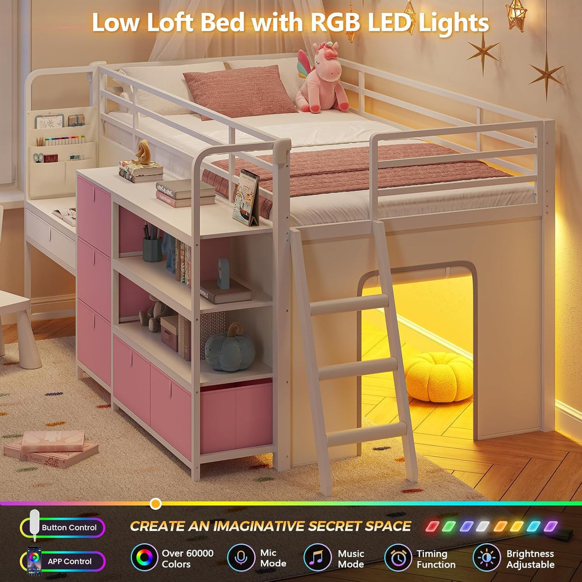 low-loft-bed-with-desk-and-6-storage-drawers-twin-loft-bed-with-bookshelf-led-lights-under-bed-play-space-kids-twin-beds-with-13-8h-safety-guardrail-inclined-ladder-play-curtain-pink-white