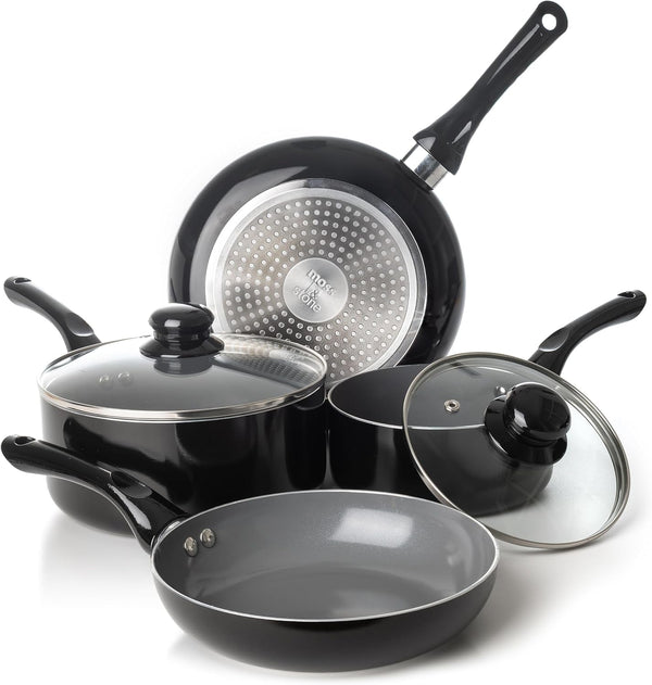 6 Pcs Black Nonstick Cookware Set, Induction Cookware | Pots and Pans Set Non Stick with Glass Lid, Stay-Cool Handle PTFE/PFOA Kitchen Pots 6-Piece with Frying Pans & Saucepan1