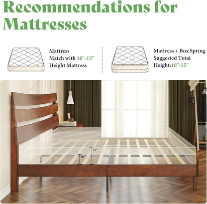 Mid Century Queen Size Solid Wood Platform Bed, Slatted Headboard8