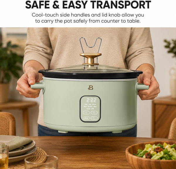 6 Quart Programmable Slow Cooker with 24-Hour Timer & Auto Warm, 5 Presets for Meat Poultry Stew Soup Chili, Dishwasher Safe Ceramic Pot & Glass Lid, Digital Display (Sage Green)2
