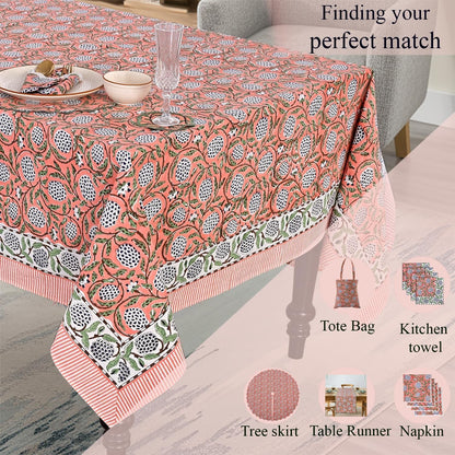 Dark Salmon Pink Hand Block Print Cotton Rectangle Tablecloth 60" X 60" Inches Reusable Table Cover Decorative Everyday Use for Dining Room, Farmhouse, Home Gift for Spring, Mother'S Day8