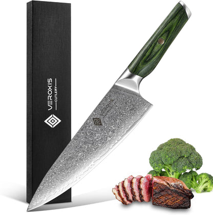 Damascus Chef Knife 8 Inch, Professional Japanese Kitchen Knives Sharp High Carbon Super Steel with Ergonomic Pakkawood Handles, Elegant Gift Box Packaging1