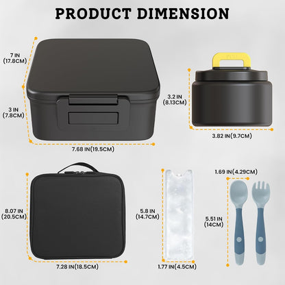Bento Lunch Box with 8Oz Soup Thermo and Insulated Lunch Bag, Kids Leakproof Lunch Food Containers with 5 Compartment, Boys Girls Thermo Hot Food Jar for Travel, School, BPA Free (Black)2