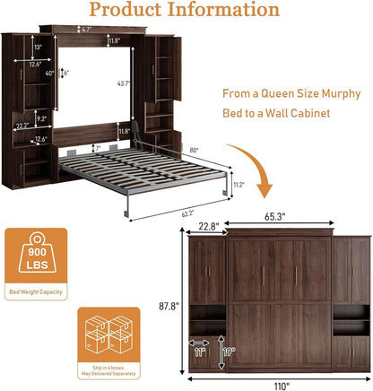 Murphy Bed Queen with 2 Storage Cabinets and USB Port, Walnut2