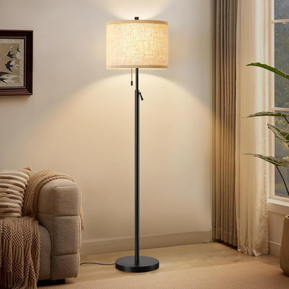 Black Floor Lamp, Height Adjustable Standing Lamp Tall Lamp with Fabric Lampshade&Pull Chain Corner Floor Lamps for Living Room, Bedroom & Office Bulbs Not Included(Black Base)1