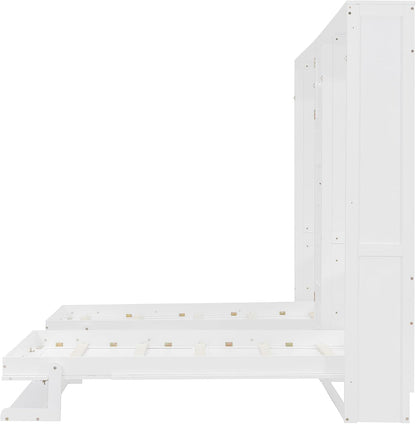 Dual Twin Murphy Bed with Cabinets and Shelves, Space Saving Wall Bed with Storage, Foldable Twin Beds with Convertible Shelf Legs for Guest Room, Small Space, White9