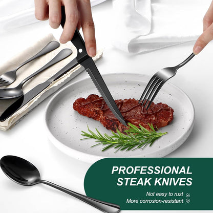 24-Piece Black Silverware Set with Steak Knives Black Stainless Steel Flatware Set for 4 Food Grade Tableware Cutlery Set Rust-Proof, Mirror Polished, Dishwasher Safe4