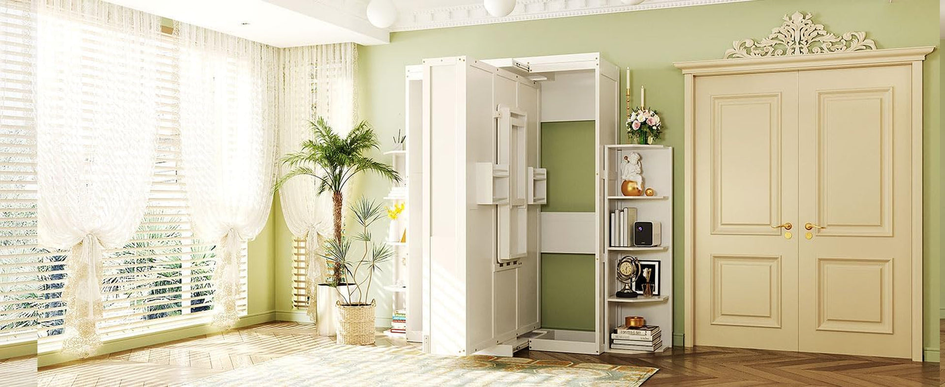 rotating-queen-murphy-bed-with-hidden-wall-cabinet-dual-3-tier-side-shelves-convertible-desk-white