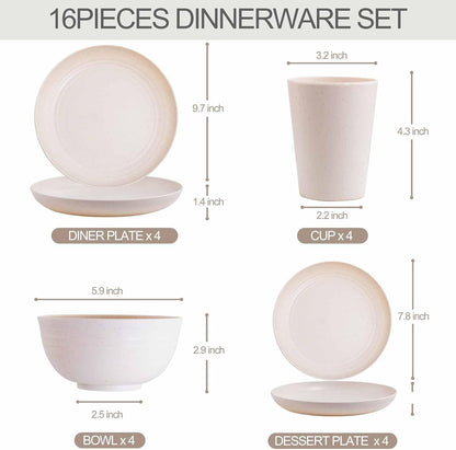 Wheat Straw Dinnerware Sets, 16PCS Plastic Dinnerware Set for 4, Wheat Straw Plates and Bowls Sets, Unbreakable Dinnerware Plastic Microwave Safe Dishes Set for Kitchen&Camping2