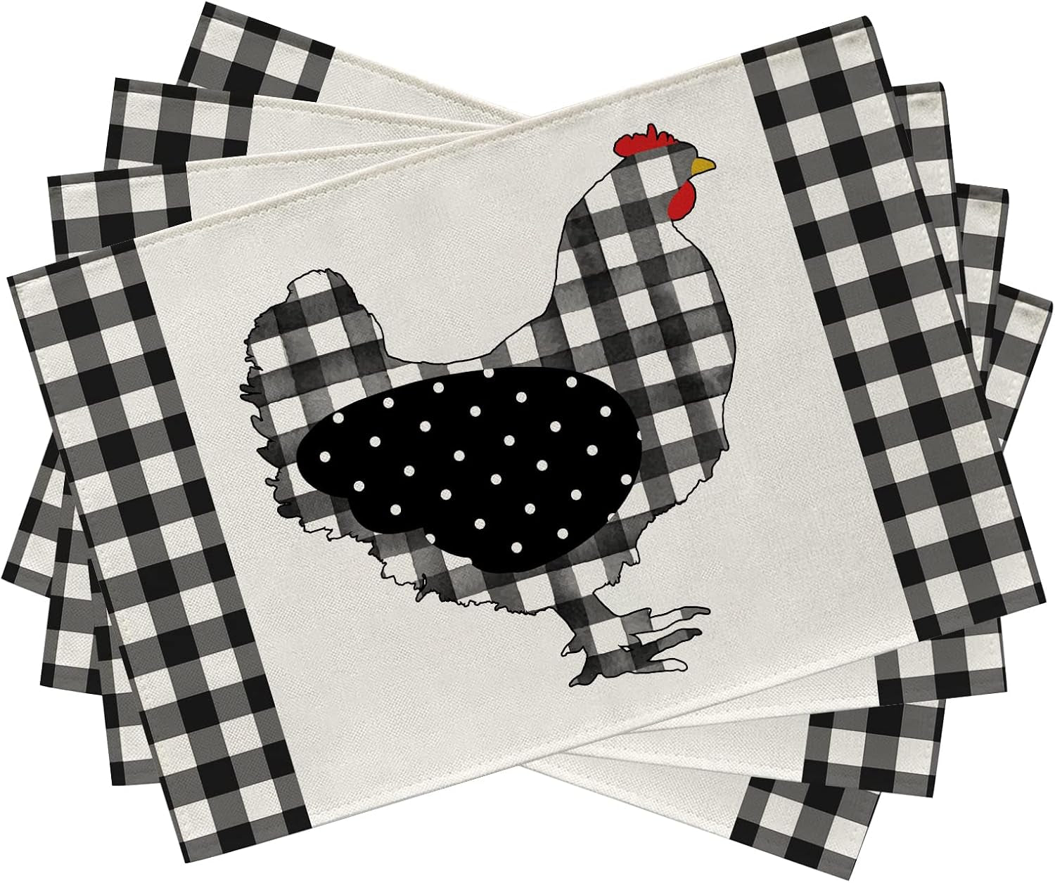 farm-chicken-hen-animal-placemats-set-of-4-black-white-buffalo-check-plaid-farmhouse-chick-dining-table-place-mats-spring-summer-country-rustic-kitchen-decor-home-decoration-12-x-18-inch